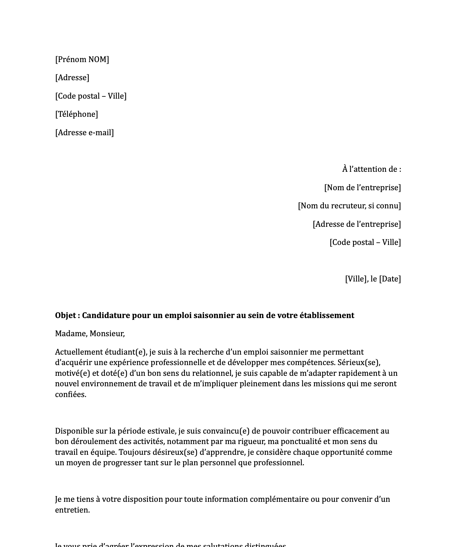 Preview de Lettre de motivation pour un emploi saisonnier