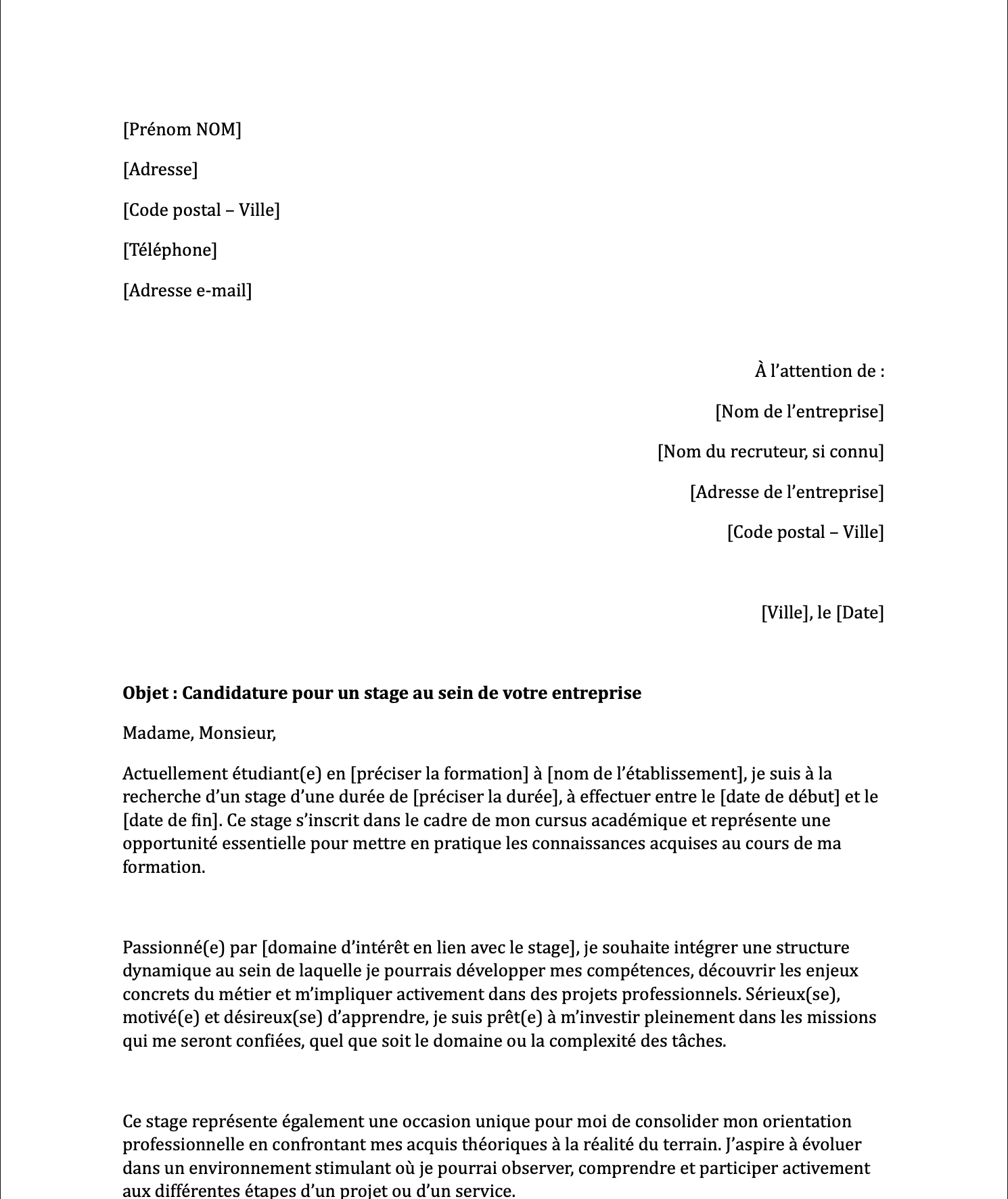 Preview de Lettre de motivation pour un stage